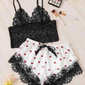 Floral Lace Bralette W/ Satin Shorts